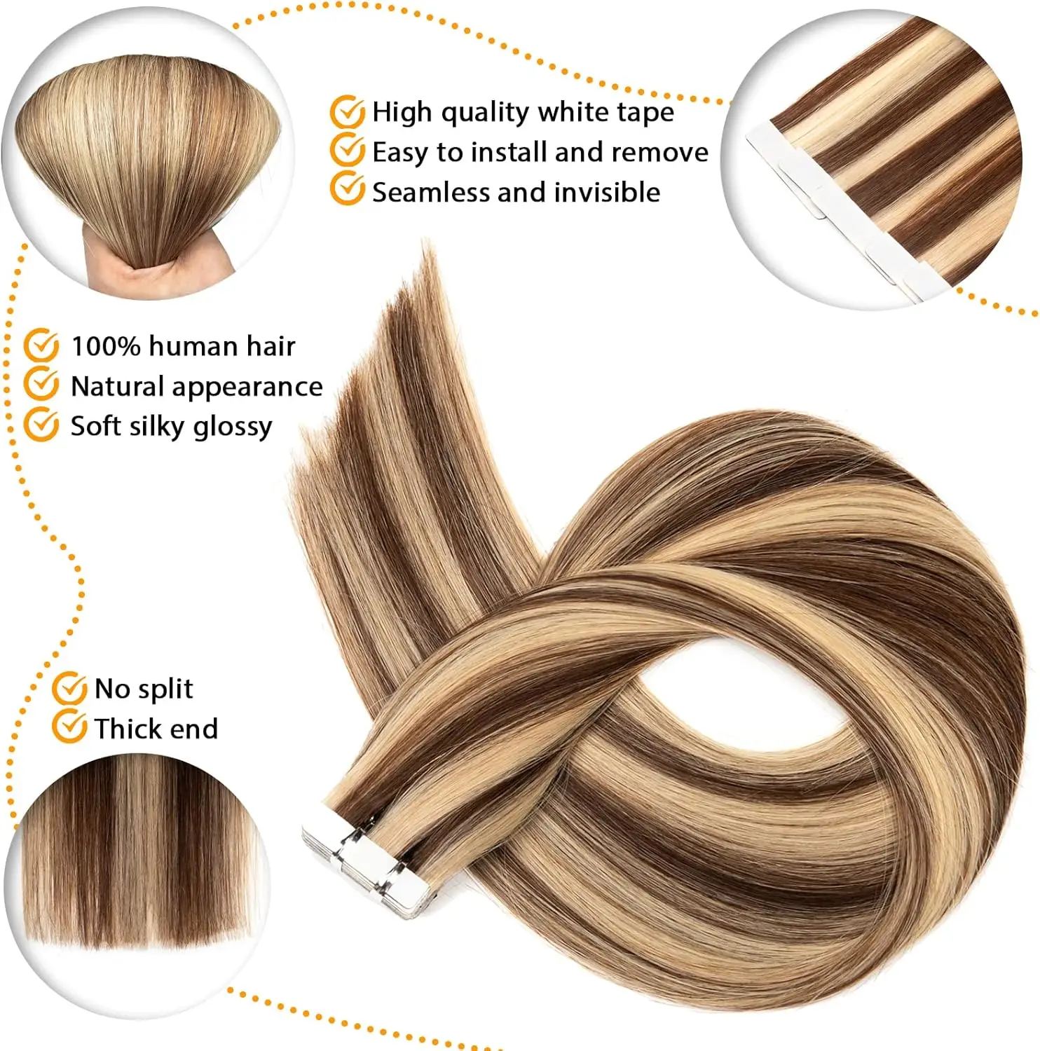 Remy Tape In Human Hair Extensions #4 Medium Brown Mixed with Bleach Blond #613 PU Skin Weft Real Virgin Hair Invisible Tape In