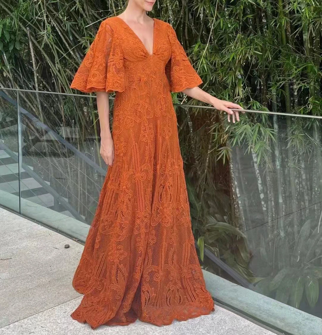 

Casual Fashion Solid Color Short-Sleeved Waist Slim 2023 Summer Women's Lace Hollow Embroidered V-neck Dress