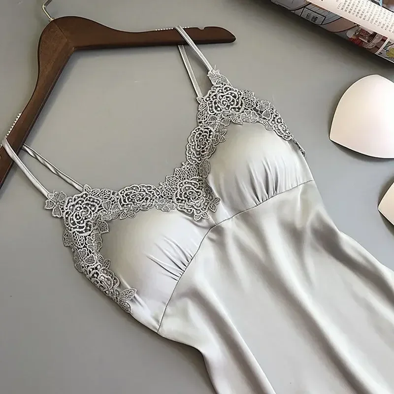Sexy Pajamas Women's Silk Suspender Nightdress Ladies Spring And Summer Ice Silk Thin Halter Home Service Satin Night Dresses 3