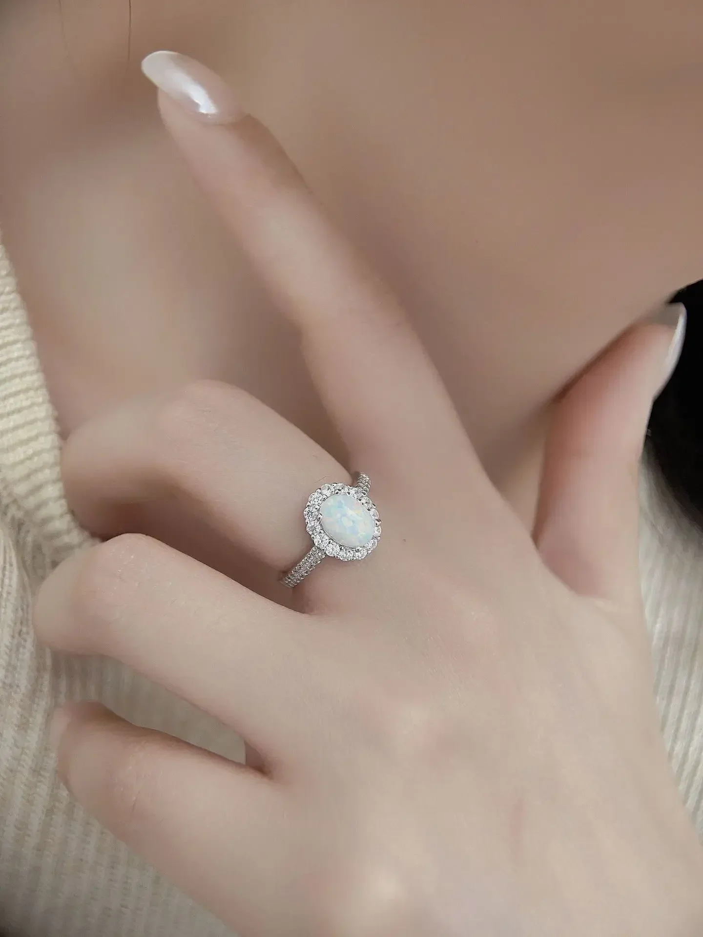 Ladies Sterling 925 Silver Ring Inlaid with Zircon and Blue Opal with Noble Exquisite Style Ladies Sterling 925 Silver Ring Inlaid with Zircon and Blue Opal with Noble Exquisite Style