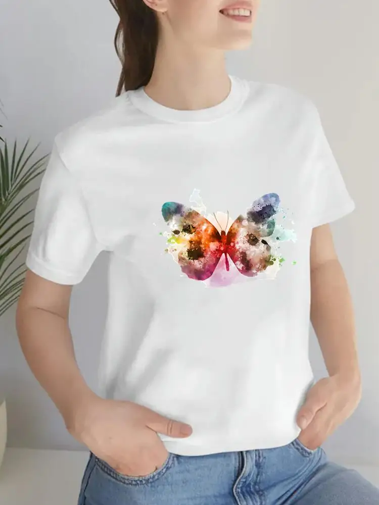 

Short Sleeve Summer Clothes Print O-neck Tee Top T Shirt Fashion Women Clothing Watercolor Butterfly 90s Trend Graphic T-shirt
