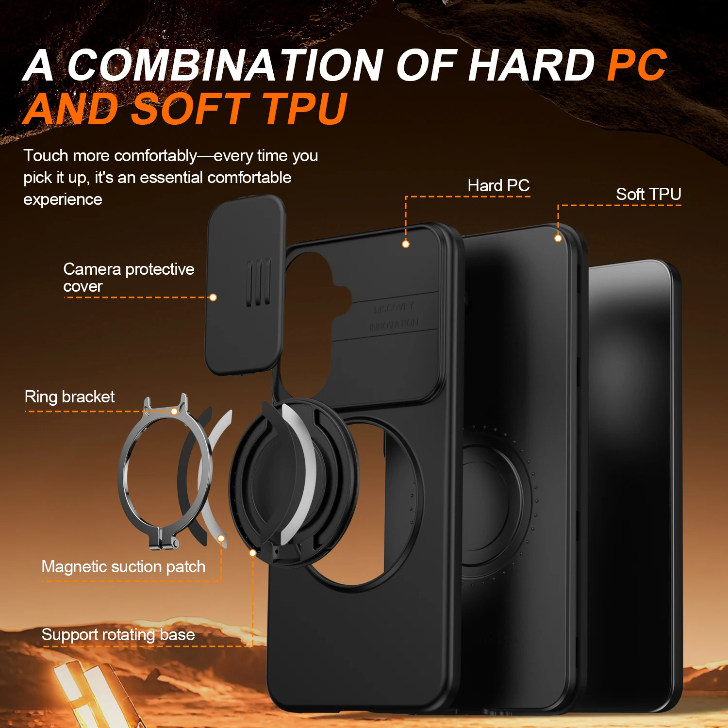 Sliding Camera Cover Armor Case with Metal Ring Stand and Durable TPU Plastic Coque