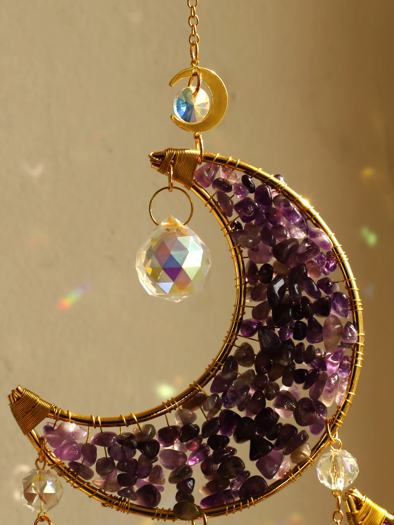 Moon Star Crystal Suncatcher Hanging Decoration Rainbow Maker Natural Stone Light Catcher for Window Outdoor Room Ornament Gift