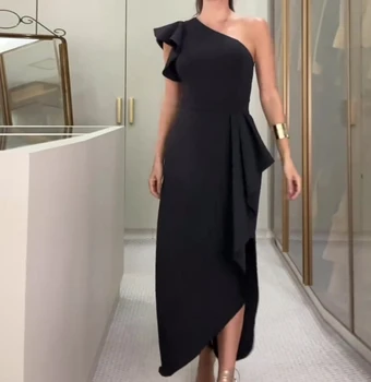 Women's Fashion Dress 2025 Summer Latest Hot Selling Casual Fashion Solid Color Slant Collar Lace Sleeve Split Sexy Long Dress 1