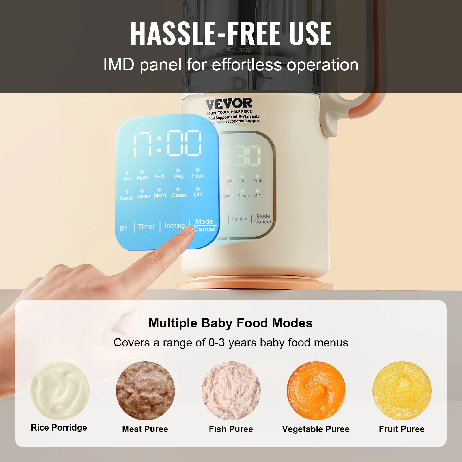 VEVOR Baby Food Maker 500W Baby Food Processor with 300 ml Glass Bowl SUS304 Stainless Steel 4-Blade Baby Food Steamer Grinder 3
