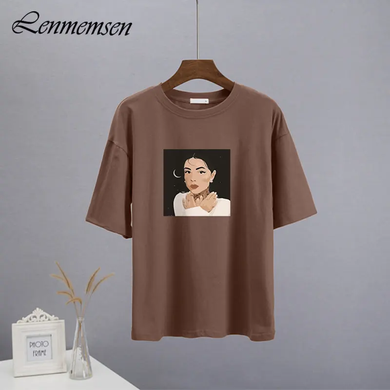 

Модная эстетичная футболка Lenmemsen с графическим рисунком, женские летние футболки оверсайз с коротким рукавом, элегантные свободные хлопковые женские топы в стиле High Street