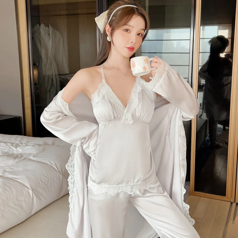 Women 3 Piece Pajama Sets Lace Pijama Faux Silk Satin Pyjama Female Sleepwear Long Sleeve Robe Cami Pants Homewear Suit Nigtwear