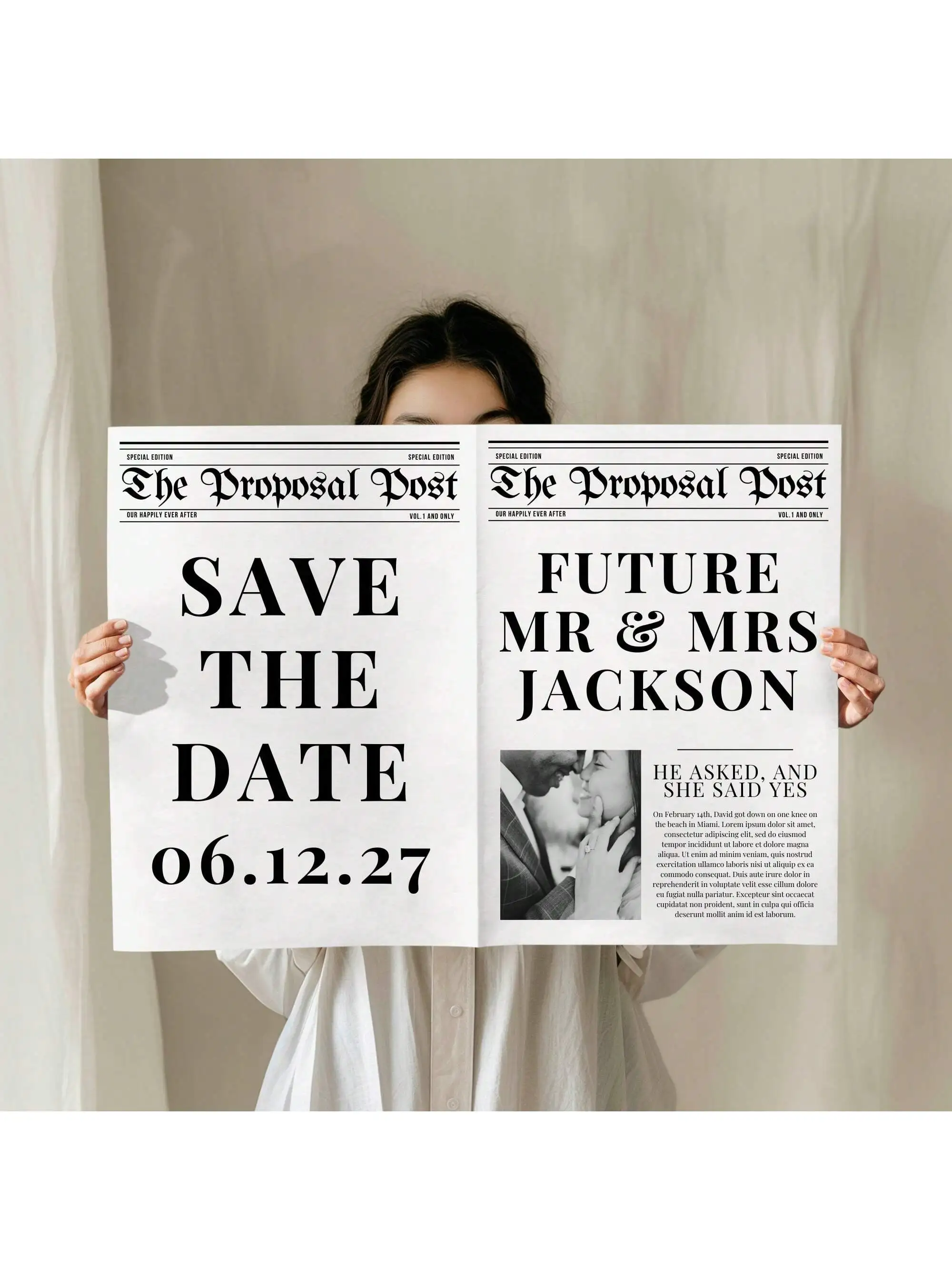 Everything You Need to Know About Using an Engagement Newspaper Template  for Your Save-the-Date, image size:2000x2666