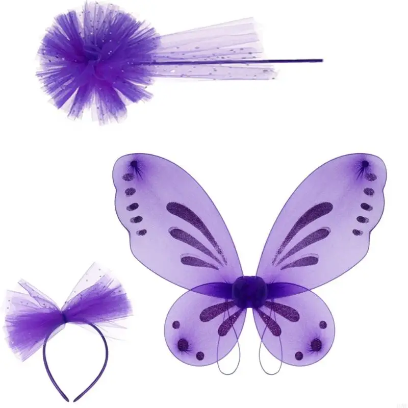 49MF Child Halloween Fairies Wing with Headband and Wand for Kid Birthday Christmas