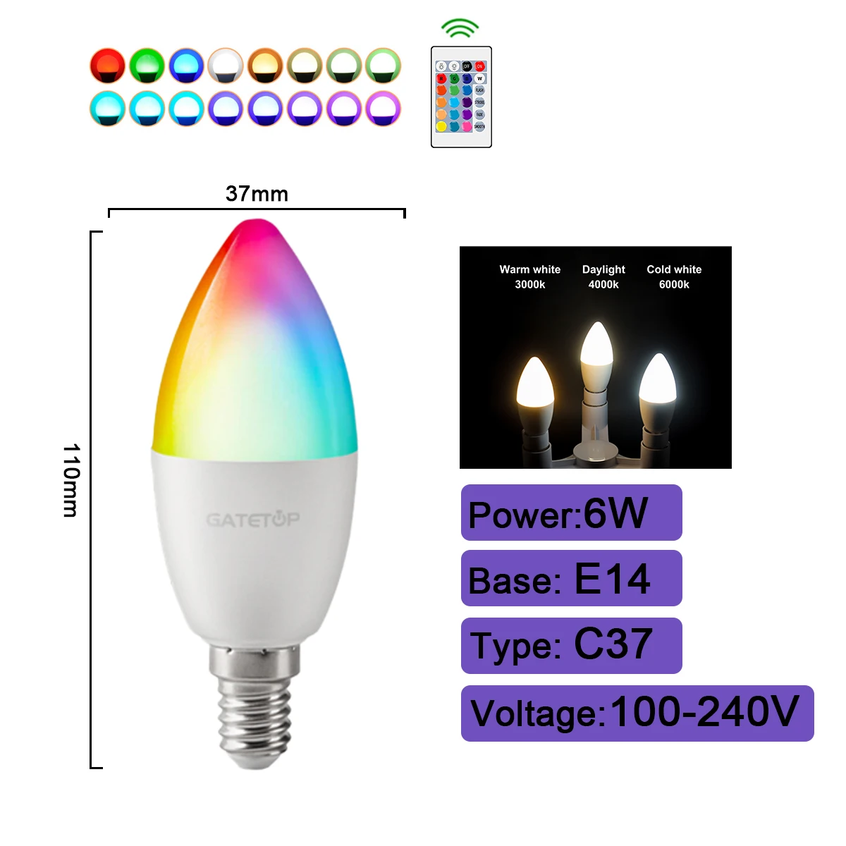 ตัวเลือกสินค้า หลอดไฟ RGBW สปอตไลท์ ปรับสีได้ พร้อมรีโมท E27 E14 B22 GU10