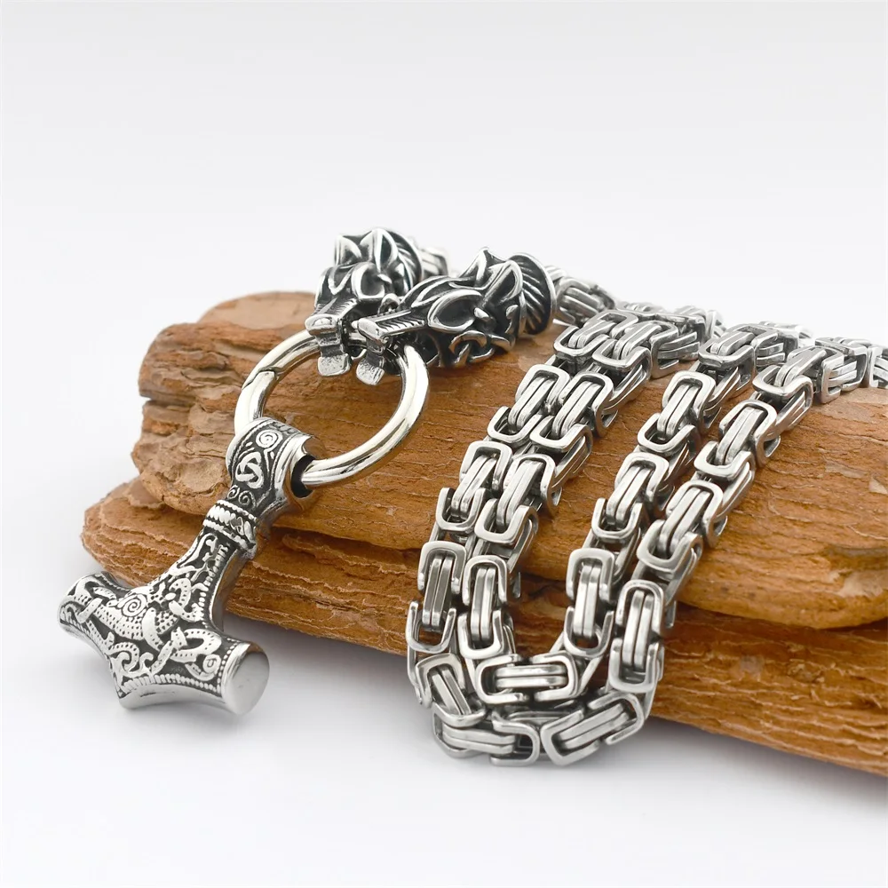Men's Viking New Wolf Head King Chain Necklace Stainless Steel Nordic Thor's Hammer Amulet Pendant Necklace