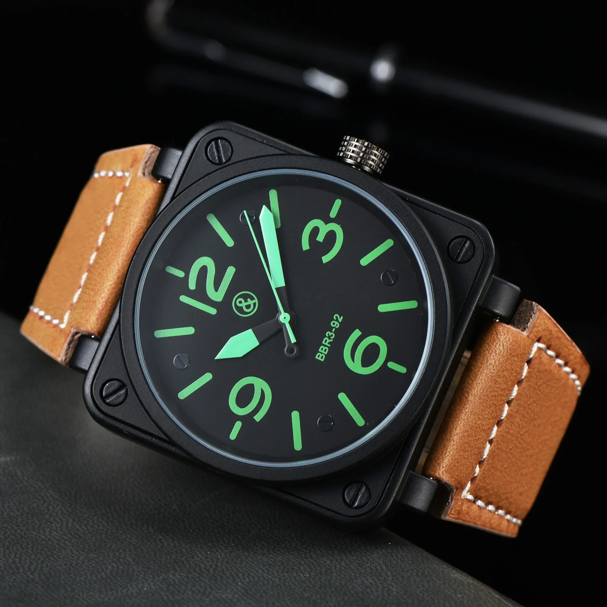 

Hot High quality Men's Automatic Mechanical Watch Clock Brown leather Black Rose rubber 46mm AAA Clock Large dial Square men's w