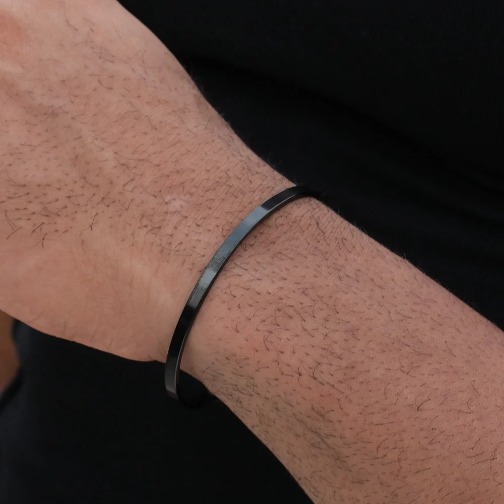 Sleek Black Stainless Steel Men's Open Bangle Bracelet
