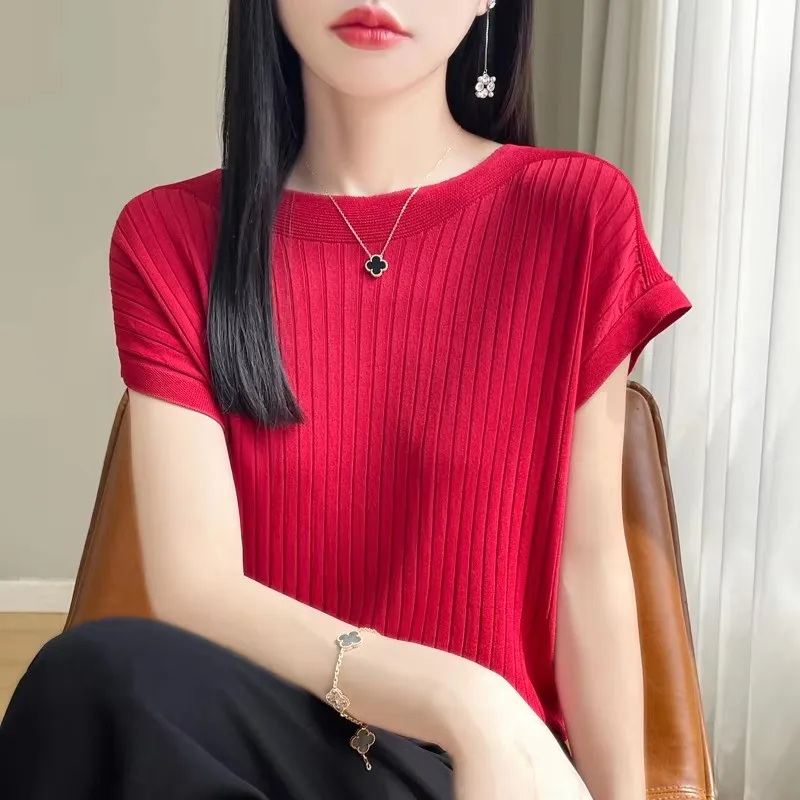 รูปสินค้า เสื้อสเวตเตอร์แฟชั่นเกาหลี ผ้าไหมน้ำแข็ง ใส่สบาย ฤดูร้อน