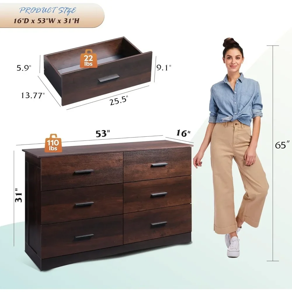 Wood Dresser for Bedroom, Wide Chest of Drawers, Large Brown Storage Tower Unit, Modern Store Organizer for Living Room, Hallway 5