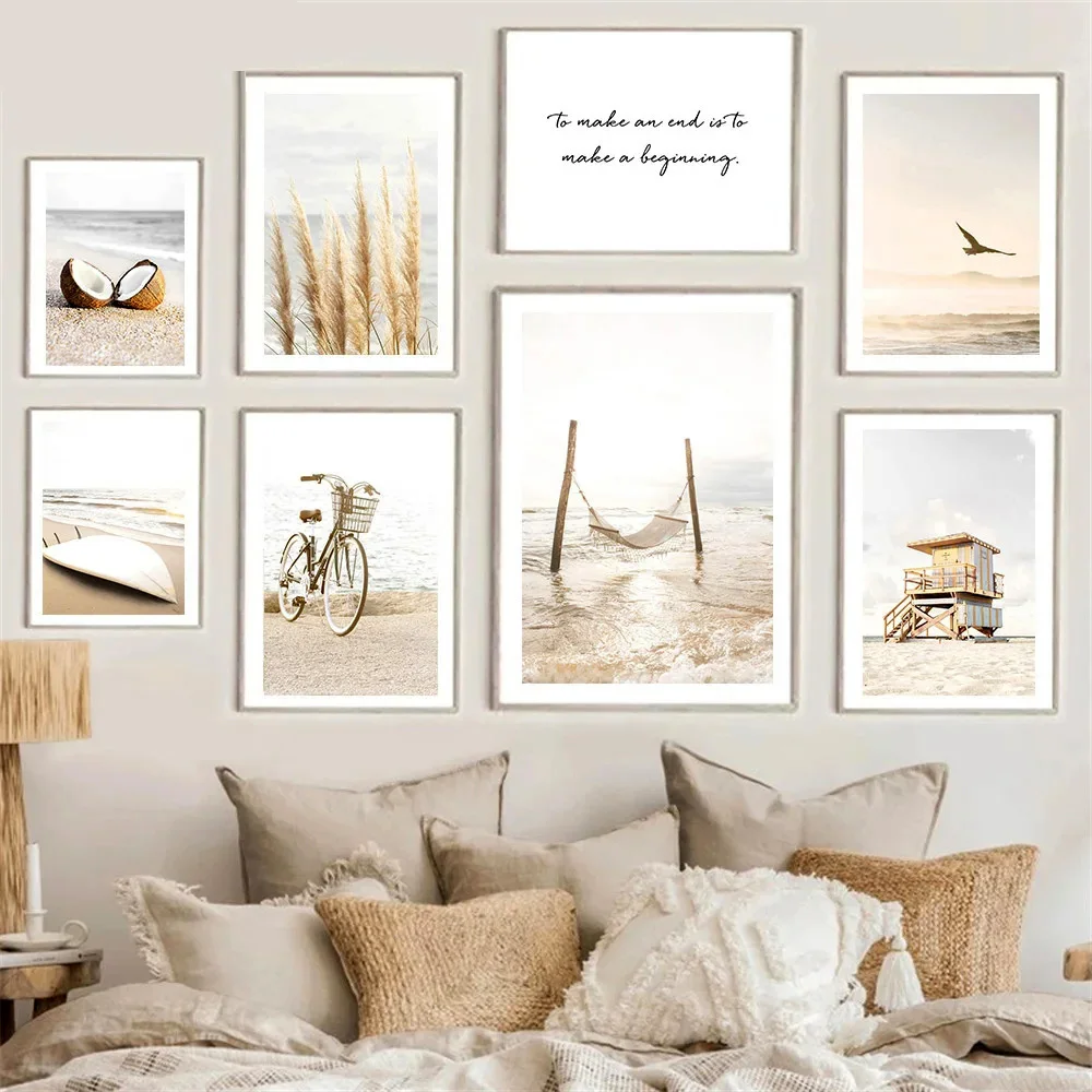 

Постер на стену с осенним пейзажем, постер с принтом морского пляжа, тростника, велосипеда, кокоса, картины на холсте для гостиной, украшения для дома