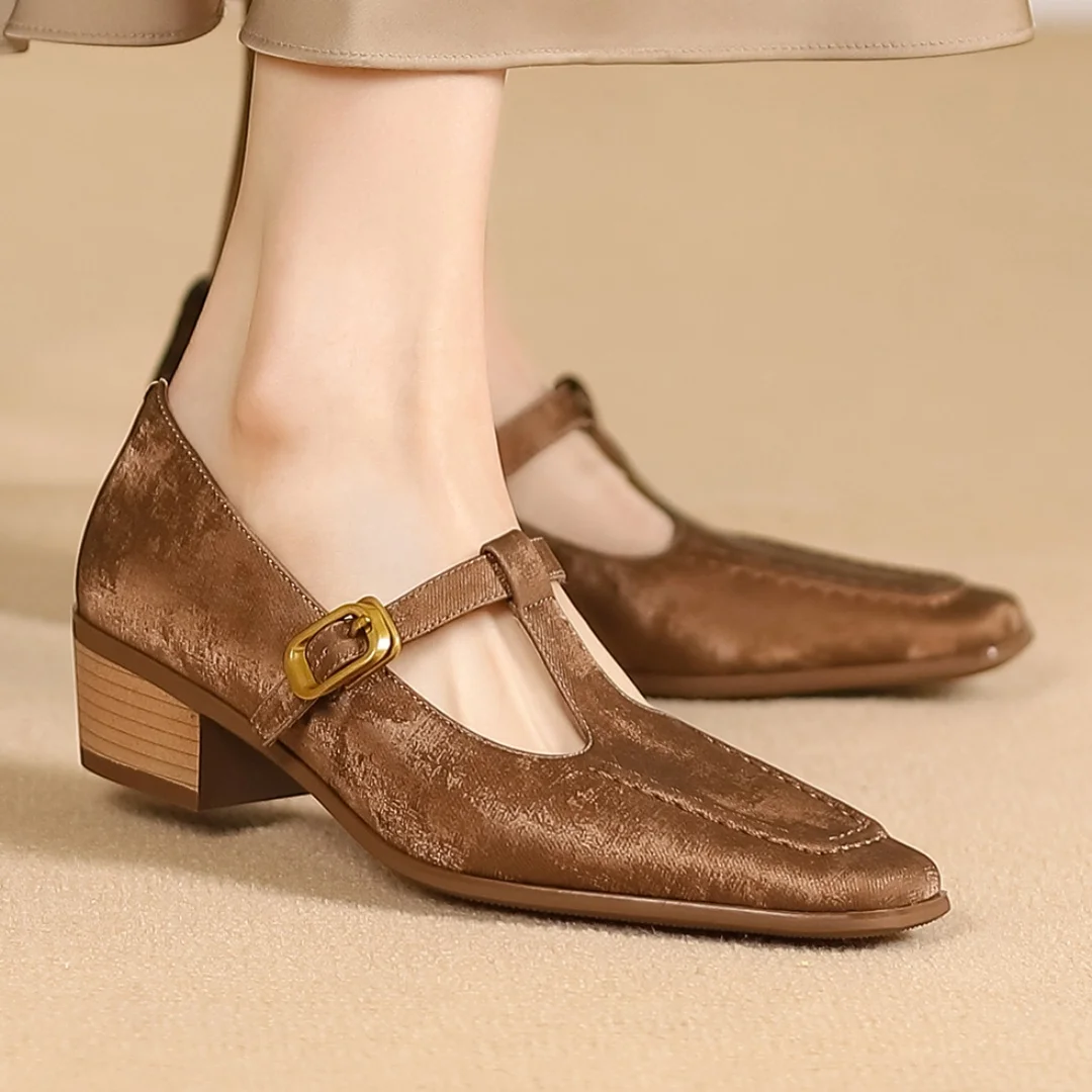 

Туфли женские из натуральной кожи, Т-образный ремешок, без застежки, металлическая пряжка, мягкие удобные, в стиле ретро, толстый низкий каблук 4 см