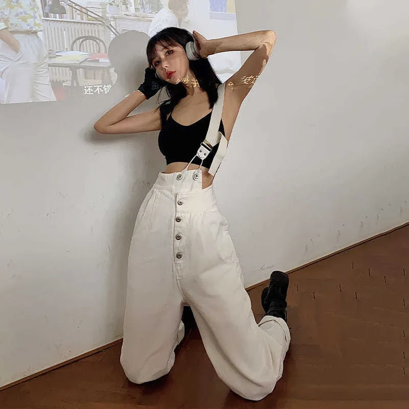 2021 Fashion Femme Streetwear Casual Jeans Women High Waist Button Handsome White Overalls Female Korean Straight Denim Trouser