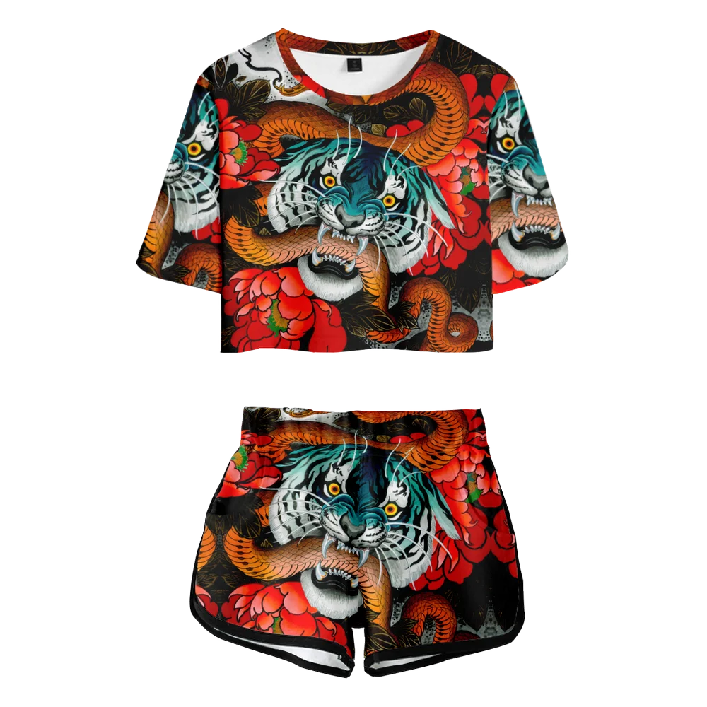 Red Snake Tiger Animal 3D Print Dew Navel Girl Suits Trendy Youthful Two Piece Set Women Sexy Shorts+lovely T-shirt Suit Girl jananese sexy woman tool for couples maid outfit kawaii dress restaurant short color coffee shop lovely bow lace kitchen apron