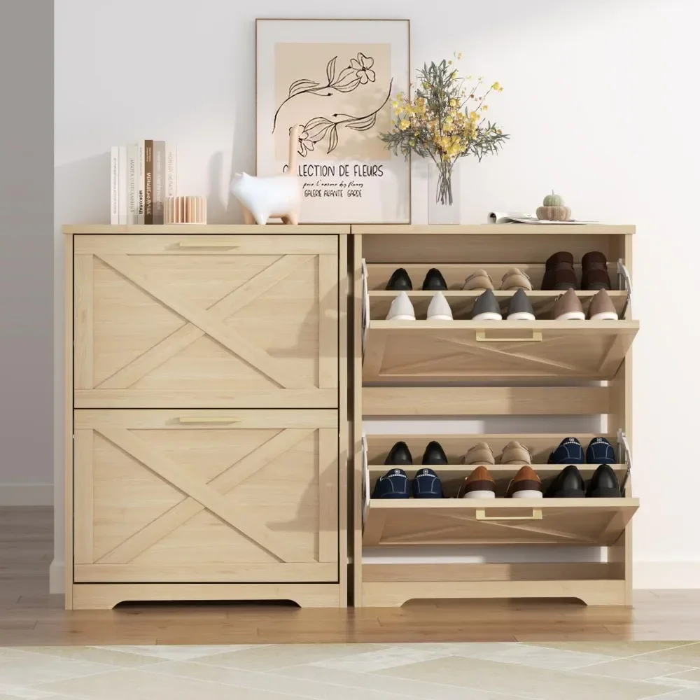 Shoe Organizer with 2 Flip Drawers, 2 Tier Freestanding, Slim Narrow Shoe Cabinet for Entryway 3
