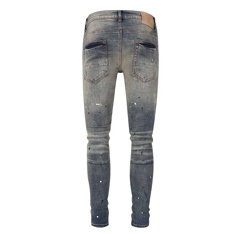 High Street Fashion Men Jeans Retro Washed Blue Stretch Skinny Fit Ripped Jeans Men Patched Designer Hip Hop Brand Pants Hombre