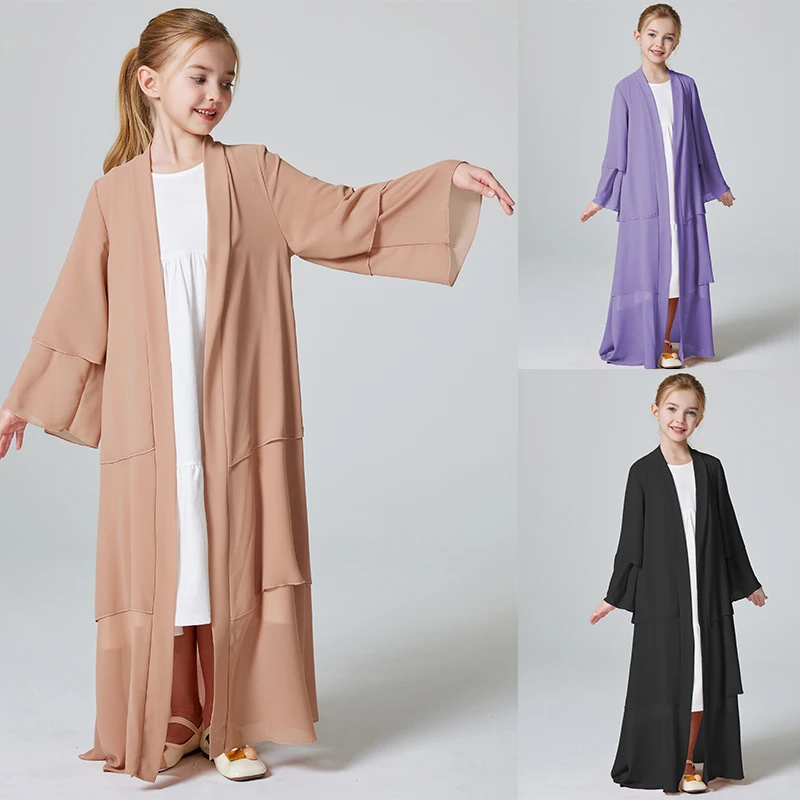 Ramadan  Muslim Girls 3 Layered Chiffon Kids Abaya Dress Open Front Abaya Kebaya Outerwear (Without Hijab)