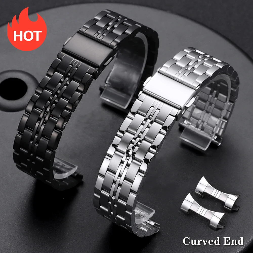 Premium Stainless Steel Watch Strap with Curved & Flat Ends - Universal Bracelet with Folding Buckle, Multiple Sizes Available