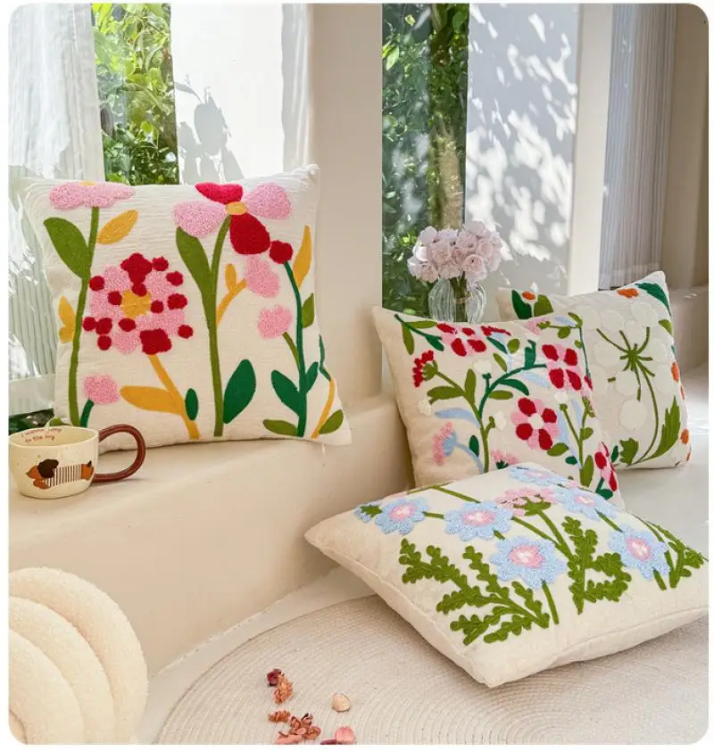 Einfache Blumen-Chenille-Handtuch-Stickerei Sofa-Kissenbezug Cojines Polyester Deko Heimkissen-Überzug Kopfteil-Kissenbezüge – Detail 3
