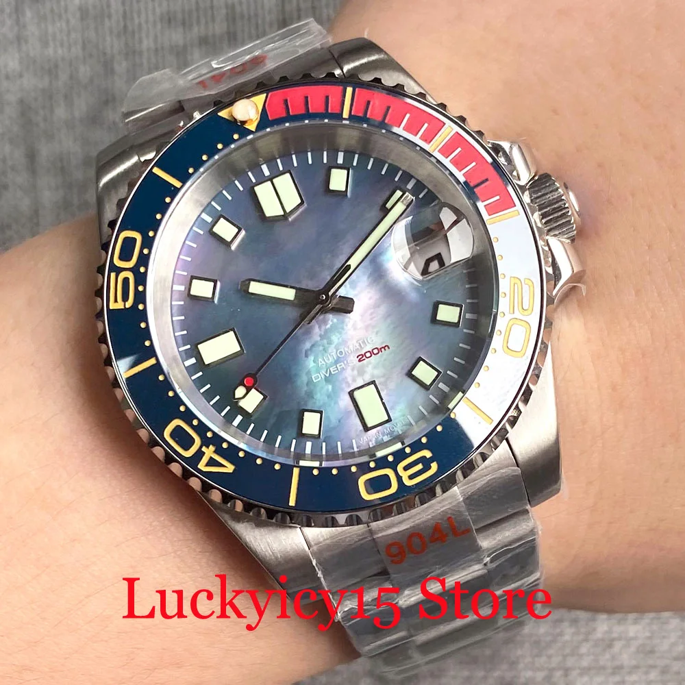 

Tandorio 40MM Japan NH35A Automatic Mechanical Black Mother of Pearl Dial Luminous Men Watch 200m Waterproof Steel Brushed Strap