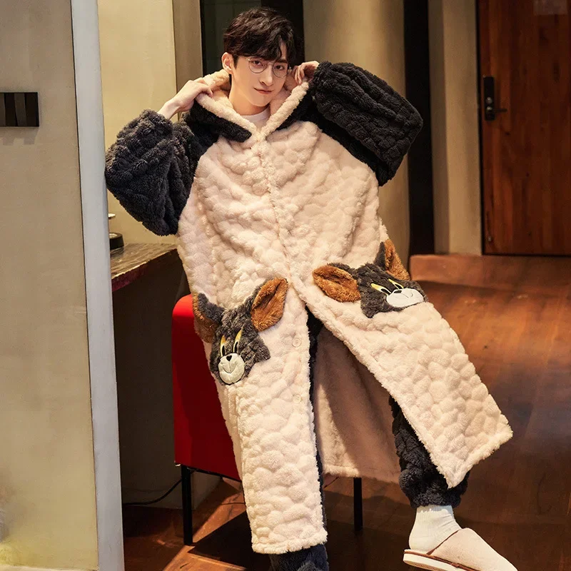 Winter Teen Nightgown Homewear Hoodie Set Coral Velvet Cartoon Flannel Thickened Fleece Cosy Thermal Pajamas for Men and Women men pyjamas,women pyjamas set