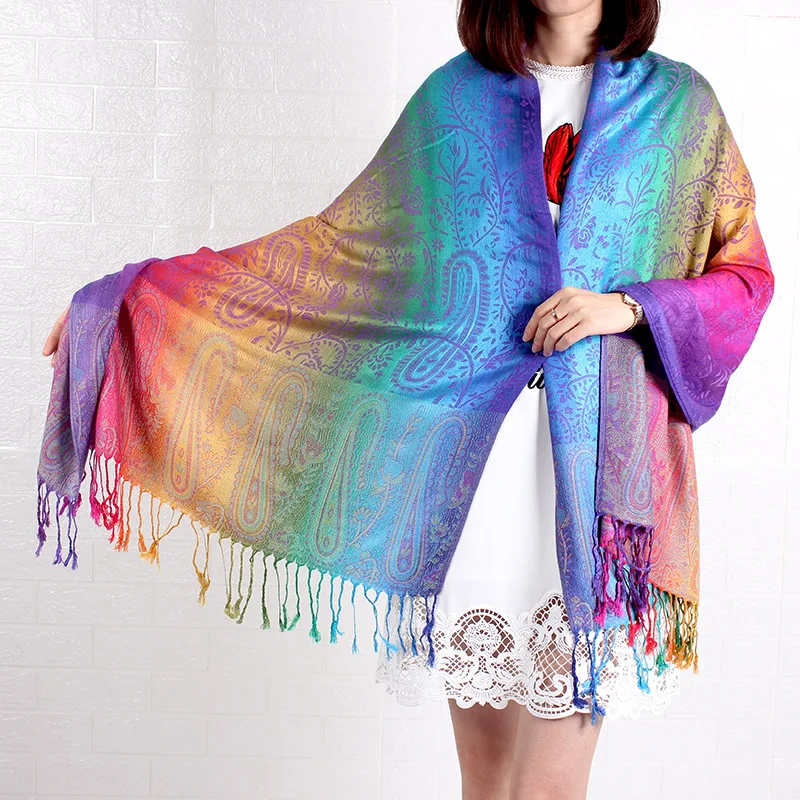 Rainbow Scarf Jacquard Shawl Paisley Silky Gradient Pashmina Handkerchief Bohemian Ethnic Fringed Winter Women Blanket Scarves