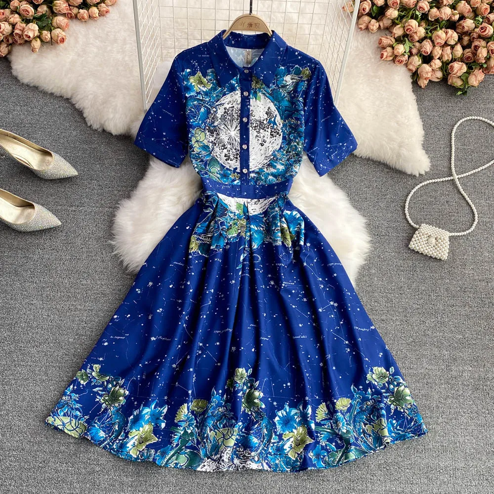

2022 Summer Temperament Single Breasted Starry Sky Positioning Printing Lapel Waist Closing Thin A-line Dress Short Sleeve
