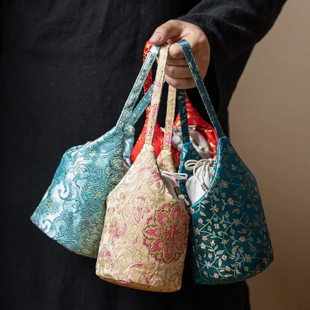 

Chinese Style Embroidered Handbag Flower Print Cotton Tea Tools Storage Bag Small Item Pouch Solid Color
