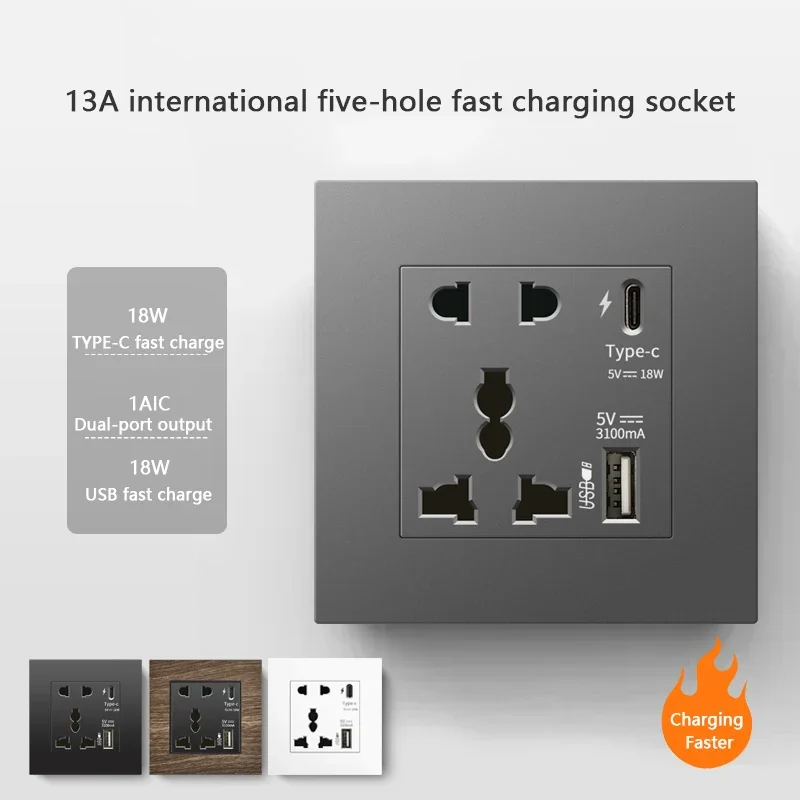 Universal Usb Tipo-c Tomada de Parede Painel Dual 5-pin Universal Carga Rápida ue ru fr Padrão dc 5v 3.1a 18w