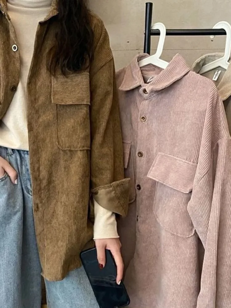 

Shirts Women Fashion Corduroy Chic Simple Long Sleeve Elegant Casual Harajuku All-match Turn-down Collar Chic Shirts New