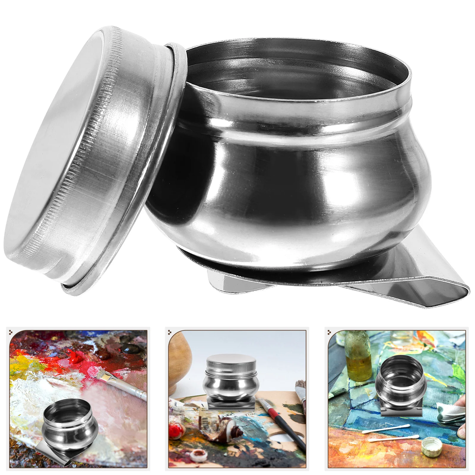 

2 Pcs Stainless Steel Oil Paint Mixing Pot Brush Cleaning Pen Jar Pigment Palette Cup Painting Supplies Dipper Container