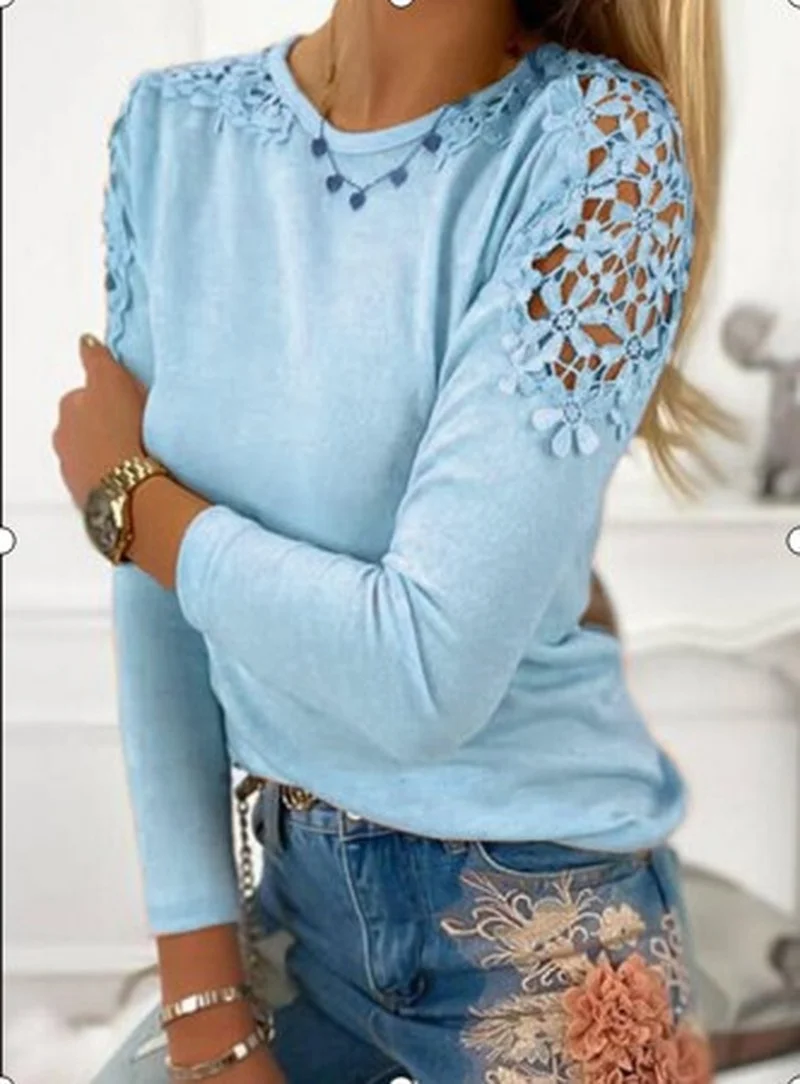 2023 Autumn New Women T-Shirt S-5XL Femme Solid Color Slim Fit Lace Hollow Long Sleeve Top Ladies Soft Lightweight Casual Blouse 4