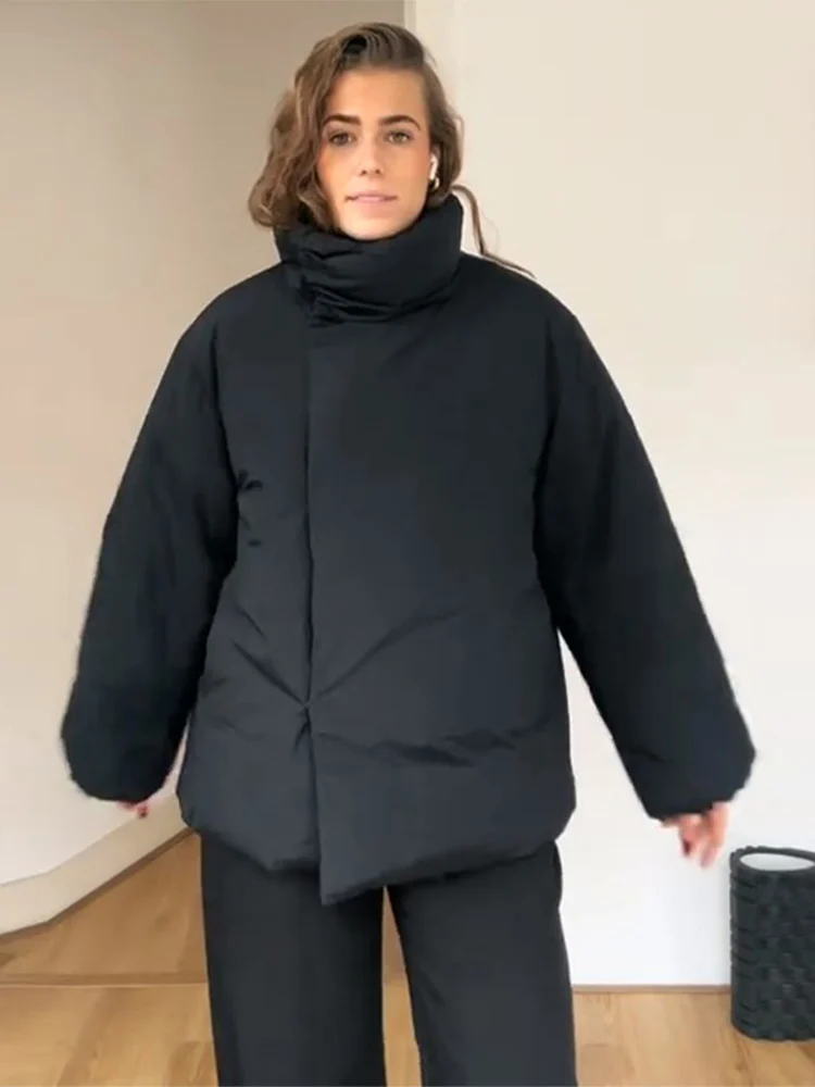 Stehkragen Solide Diagonal Knopfleiste Gepolsterte Jacke Frauen Elegante Lange Hülse Lose Herbst Winter Mäntel Chic Damen Neue Outer – Detail 19