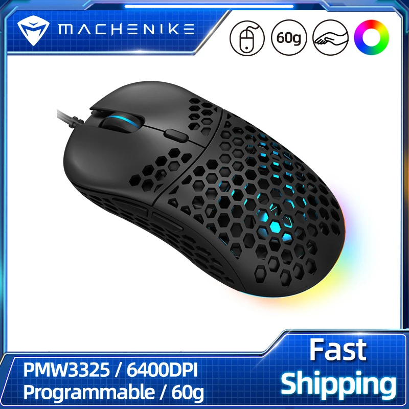 Machenike Gaming Mouse PMW3325 Optical Sensor 60g Light Wired Mice 6400DPI Adjustable Programmable RGB For PC Laptop USB Cable usb wireless mouse