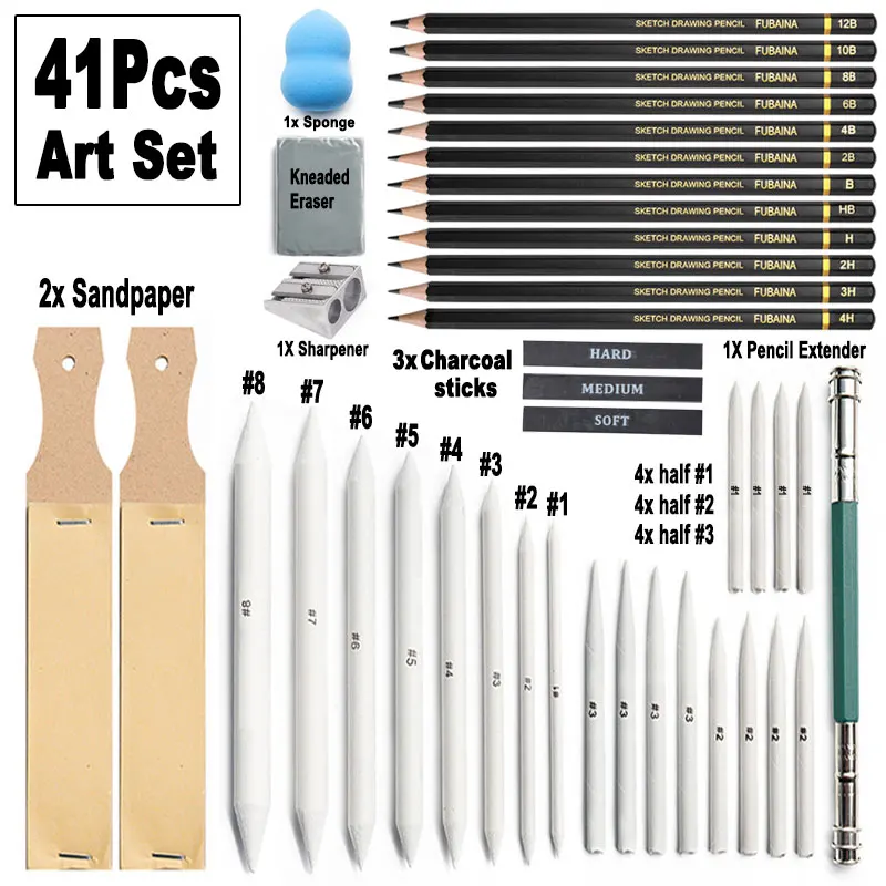 41Pcs Art Sketch Drawing Set 4H-12B Graphite Pencil Paper Smudge Pen Brush Charcoal Stick Rod Sandpaper Sponge Wiper Eraser Tool 41pcs art sketch drawing set 4h 12b graphite pencil paper smudge pen brush charcoal stick rod sandpaper sponge wiper eraser tool