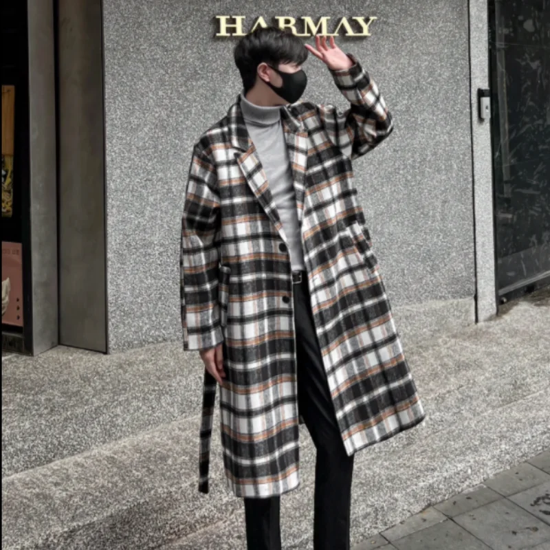 

Autumnwinter Exquisite Suit Collar Single Breasted Casual Loose Long Over Knee Trench Coat Men Thick Warm Checkered Wool Coat
