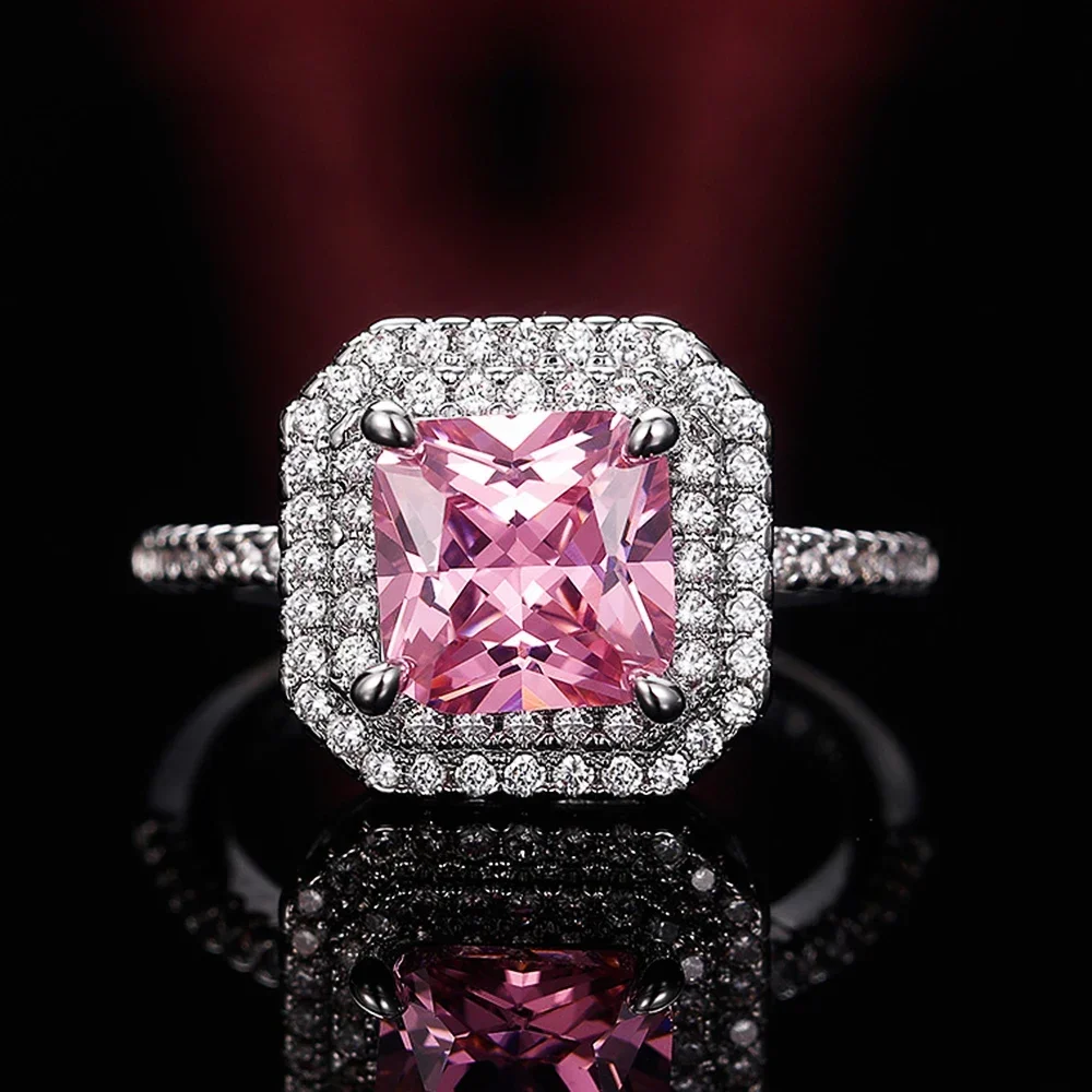 Style Pink Sparkling Zircon Princess Square Engagement Ring for Ladies and Girlfriends Luxury Proposal Gift Fashion Jewelry