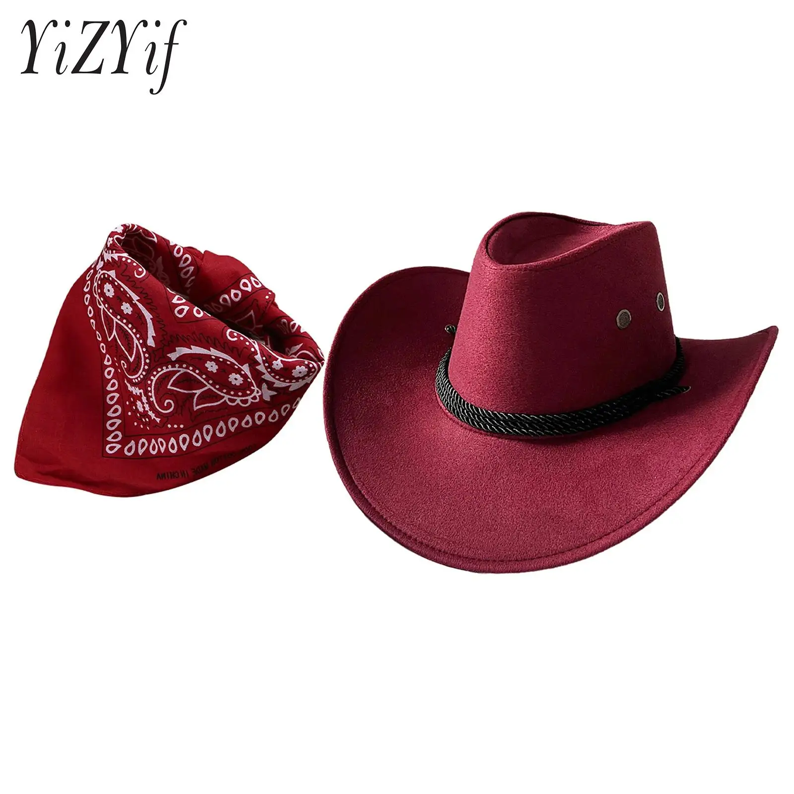 

2Pcs Kids Girls Boys Retro Cowboy Cosplay Performance Accessory Paisley Bandanna Scraf with Western Hat Sets for Halloween Party
