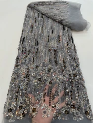French Tulle Lace Fabric Tube Beaded Emroiderey African Mesh Lace Fabric High Quality Sequins Lace For Nigerian Wedding Rf