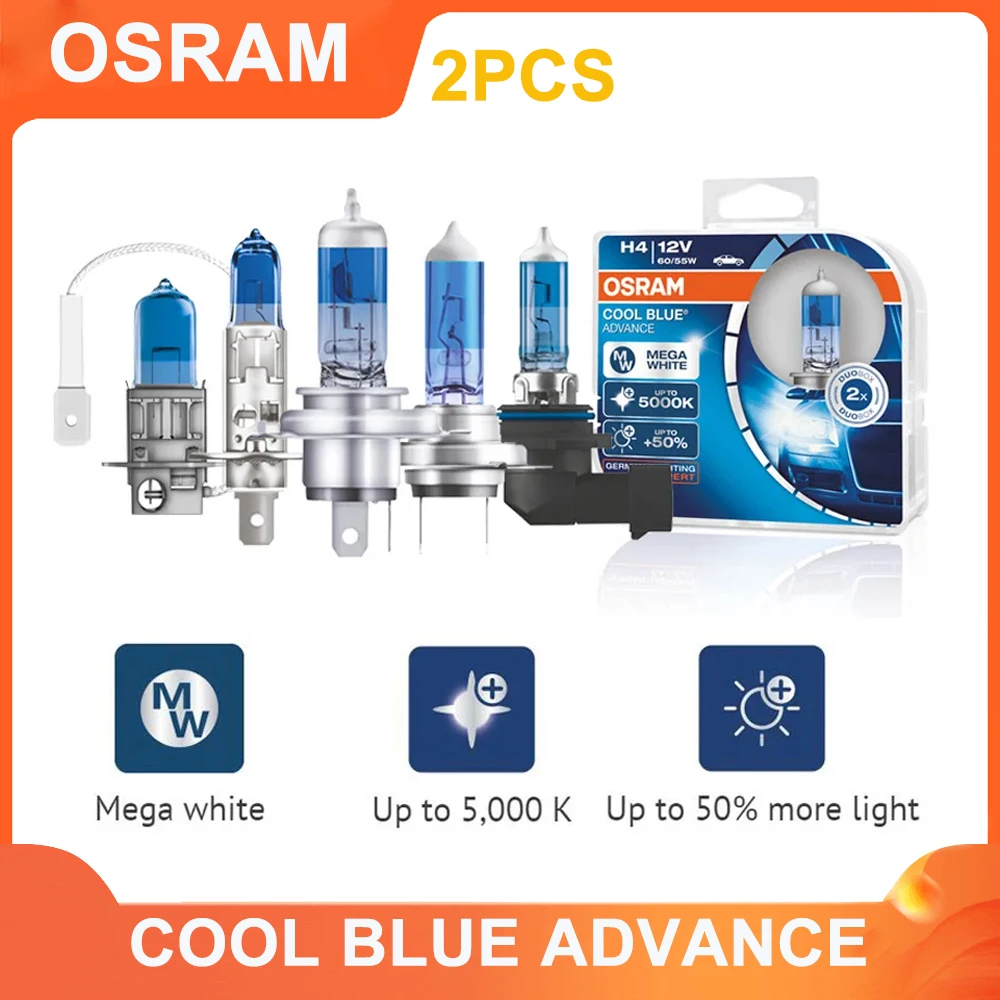 

OSRAM COOL BLUE ADVANCE H1 H3 H4 H7 H9 H11 9005 9006 HB2 HB3 HB4 галогенные лампы для автомобильных фар 5000K + 50% Φ ярче (2 шт.)