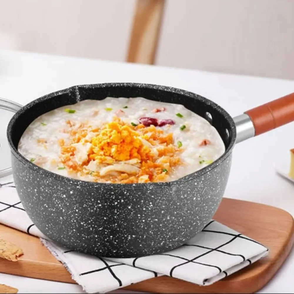 Cookware Non-Stick Milk Pot with Lid and Pour Spout Wood Handle Soup Pot Flat Bottom Japanese Style Cooking Saucepan Noodles