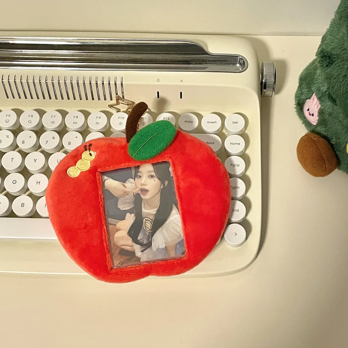 MINKYS Cute Red Apple Fluffy 3 inch Kpop Photocard Holder Photo Card Holder Bag Pendant School Stationery 4