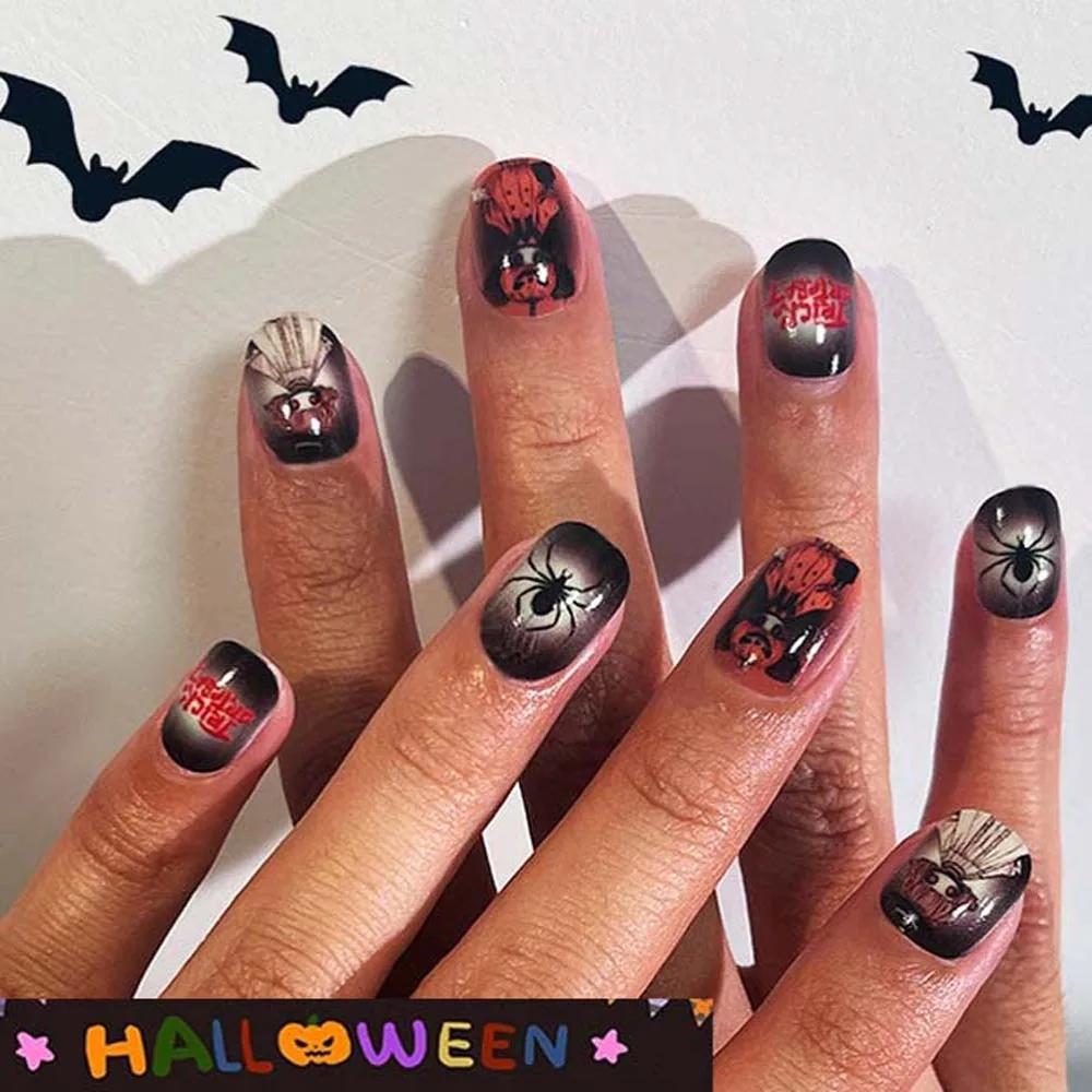 24Pcs/set Bat Spider Web Children Halloween False Nails Ghost Pumpkin Kids Cartoon Fake Nails Nail Supplies Manicure Material