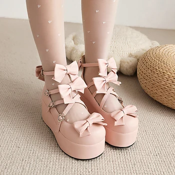 Princess Lolita Platform Mary Jane Girls Tea Party Shoes Criss-Cross Strap Sweet Bow Thick Sole Wedge Pumps Pink Black White 2