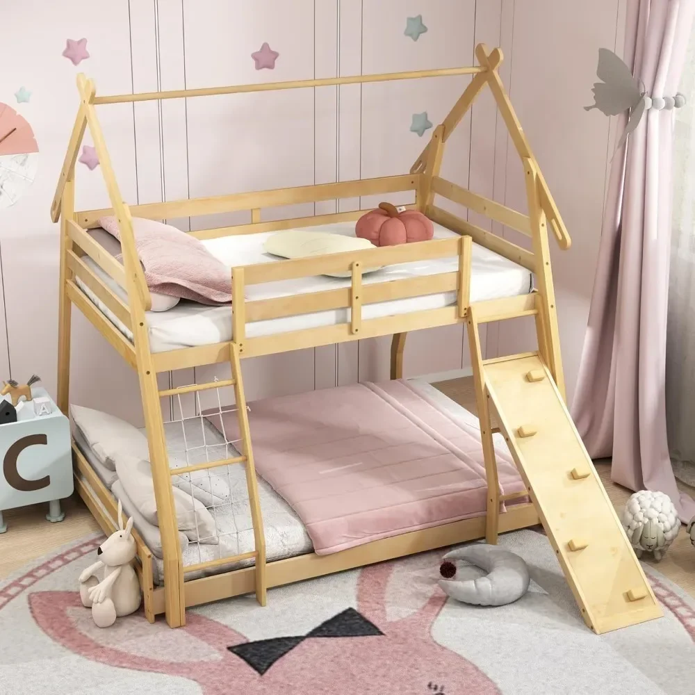 Wood Twin Over Queen House Bunk Bed, Playhouse Floor Low Bunk Bed with Climbing Nets & Ramp,Not Box Spring Required (Natural) 4